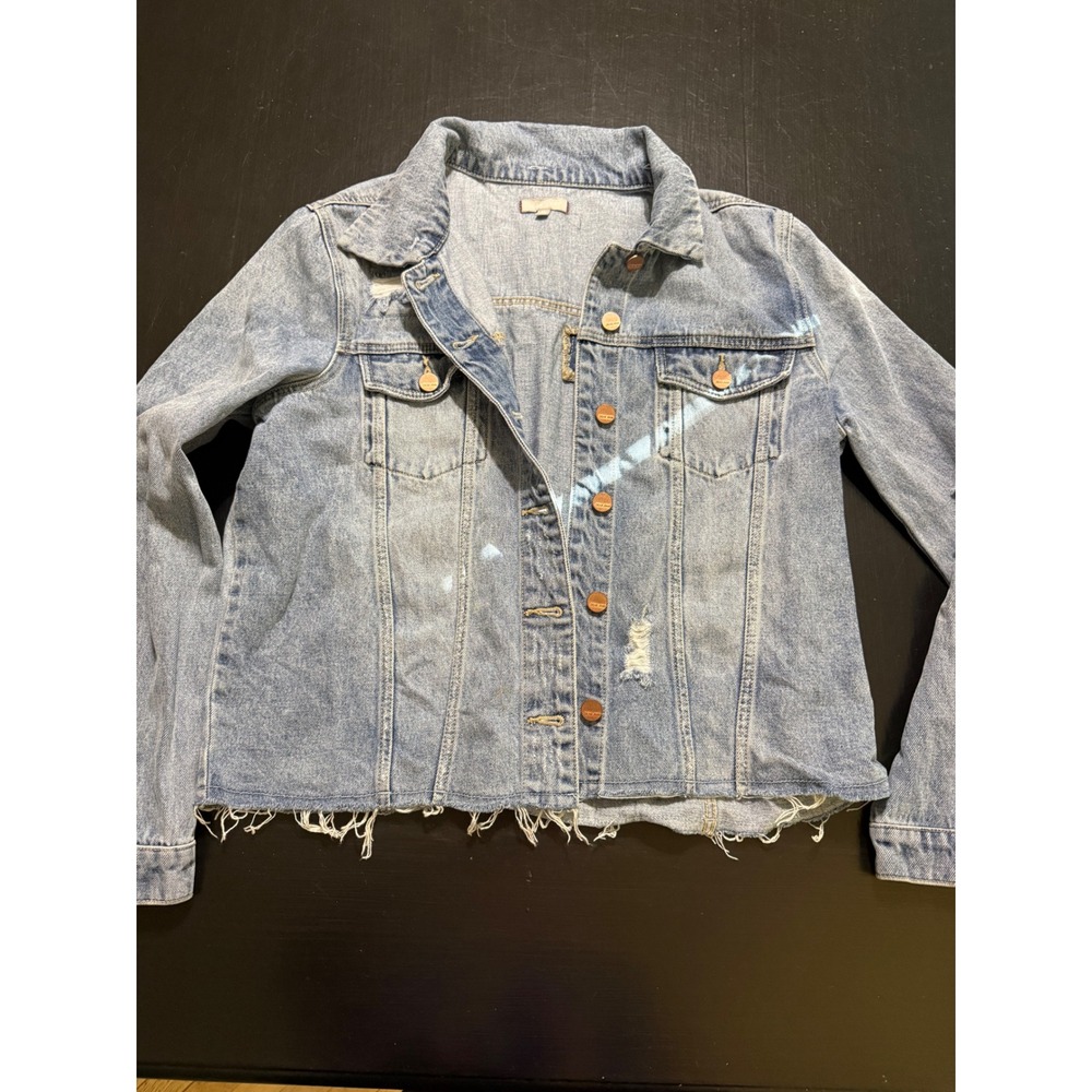 Dear John Womens Distressed Denim Jacket Light Wash Raw Hem XL